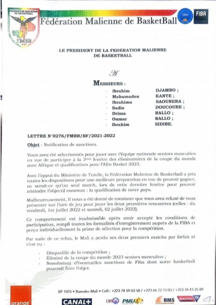 Mali-Basket-ball : Pour faits de grève sept joueurs de la sélection nationale radiés de toutes activités&nbsp;