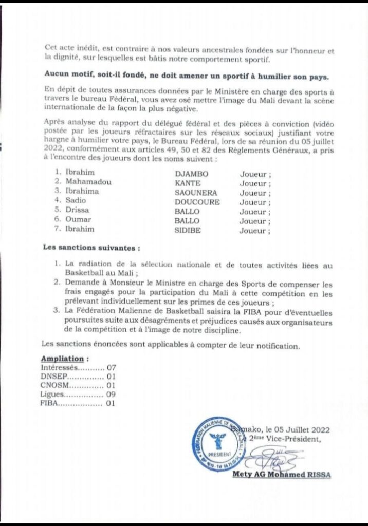 Mali-Basket-ball : Pour faits de grève sept joueurs de la sélection nationale radiés de toutes activités&nbsp;